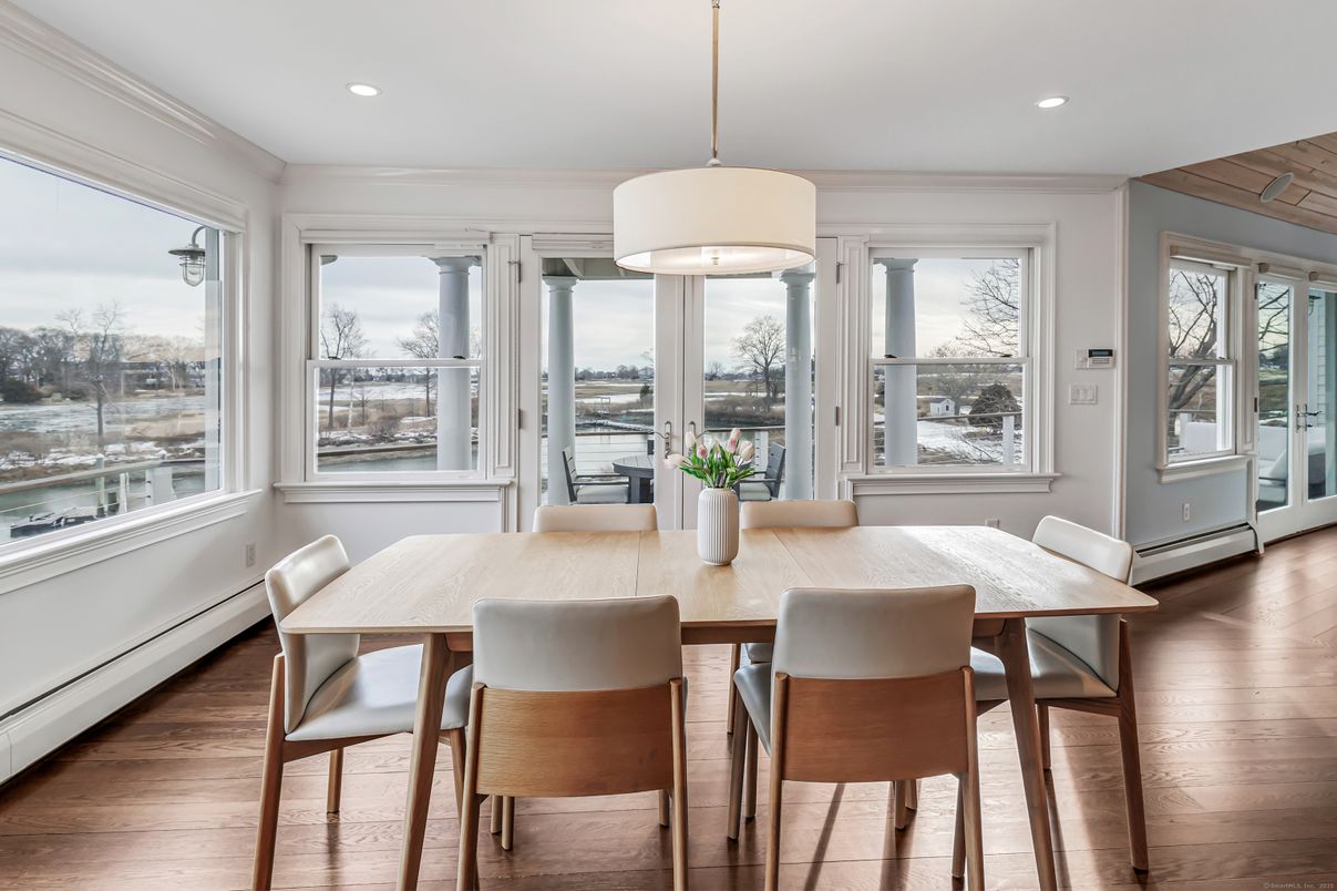 Dining room, Interior, Pendant Lights, Recessed Lighting, Water, Wood Texture Flooring