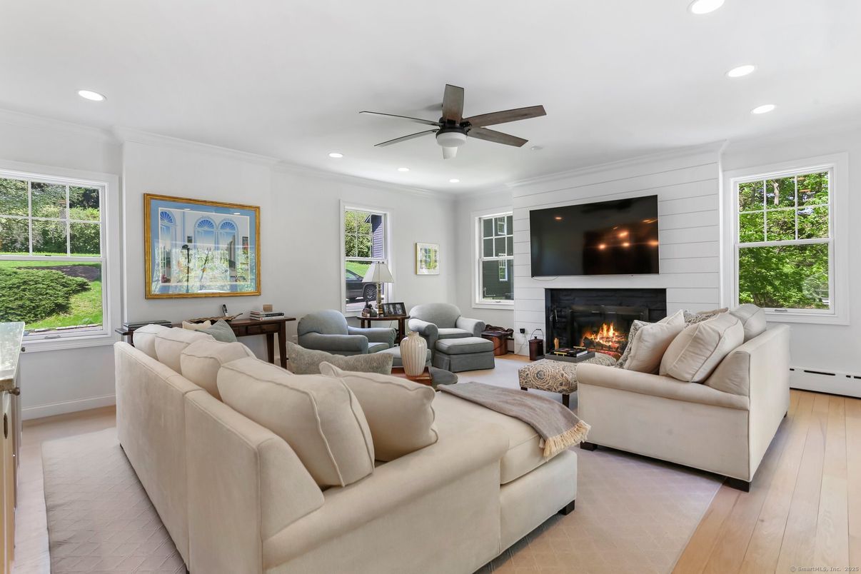 Fireplace, Interior, Living room, Recessed Lighting, Wood Texture Flooring