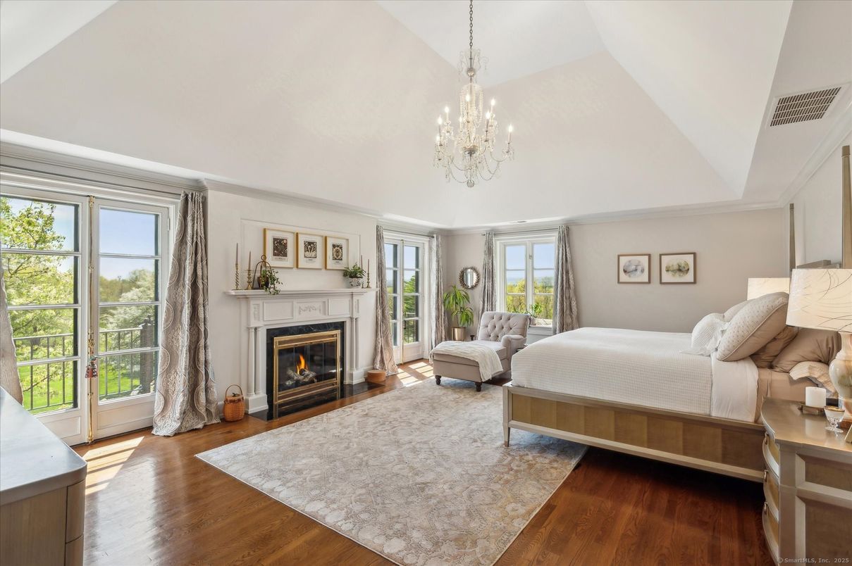 Bedroom, Chandelier, Fireplace, Interior, Wood Texture Flooring
