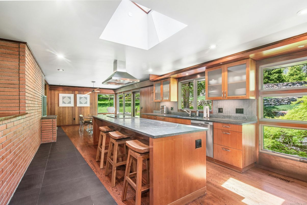 Interior, Kitchen, Recessed Lighting, Stone Walls, Wood Texture Flooring