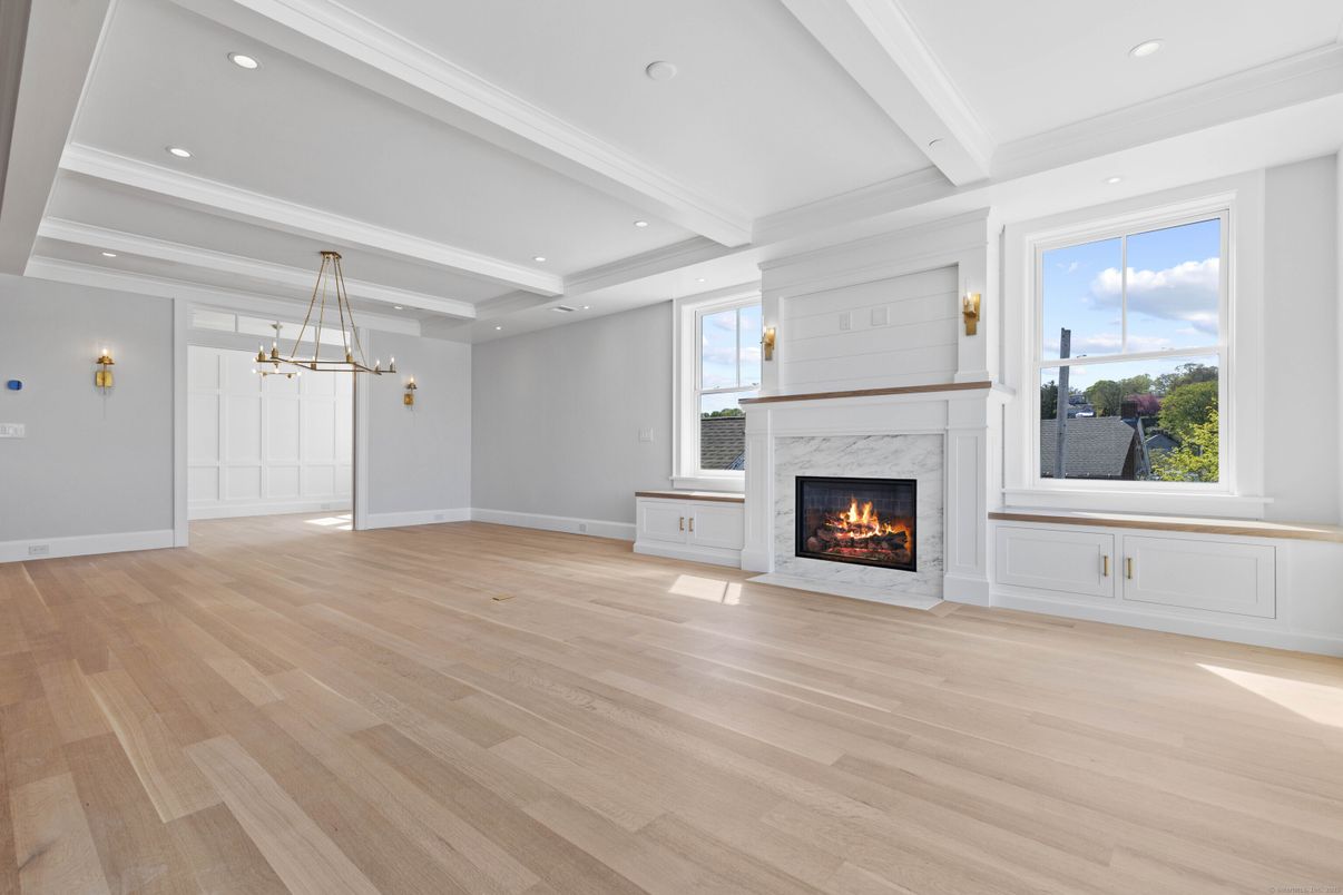 Empty room, Fireplace, Interior, Pendant Lights, Recessed Lighting, Wood Texture Flooring