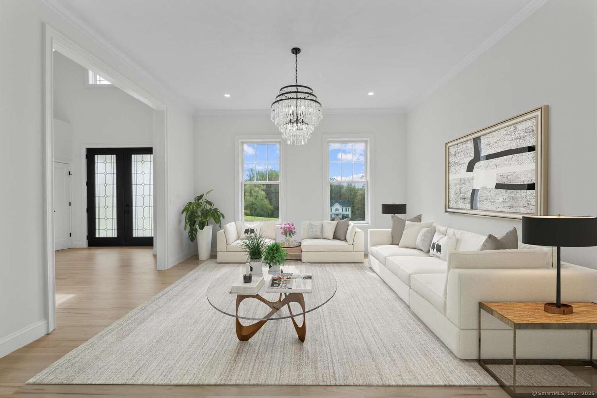 Chandelier, Interior, Living room, Recessed Lighting, Wood Texture Flooring