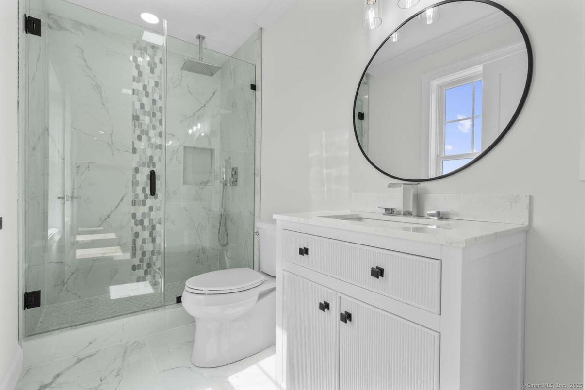Bathroom, Glass Shower, Interior, Marble, Marble Walls, Recessed Lighting