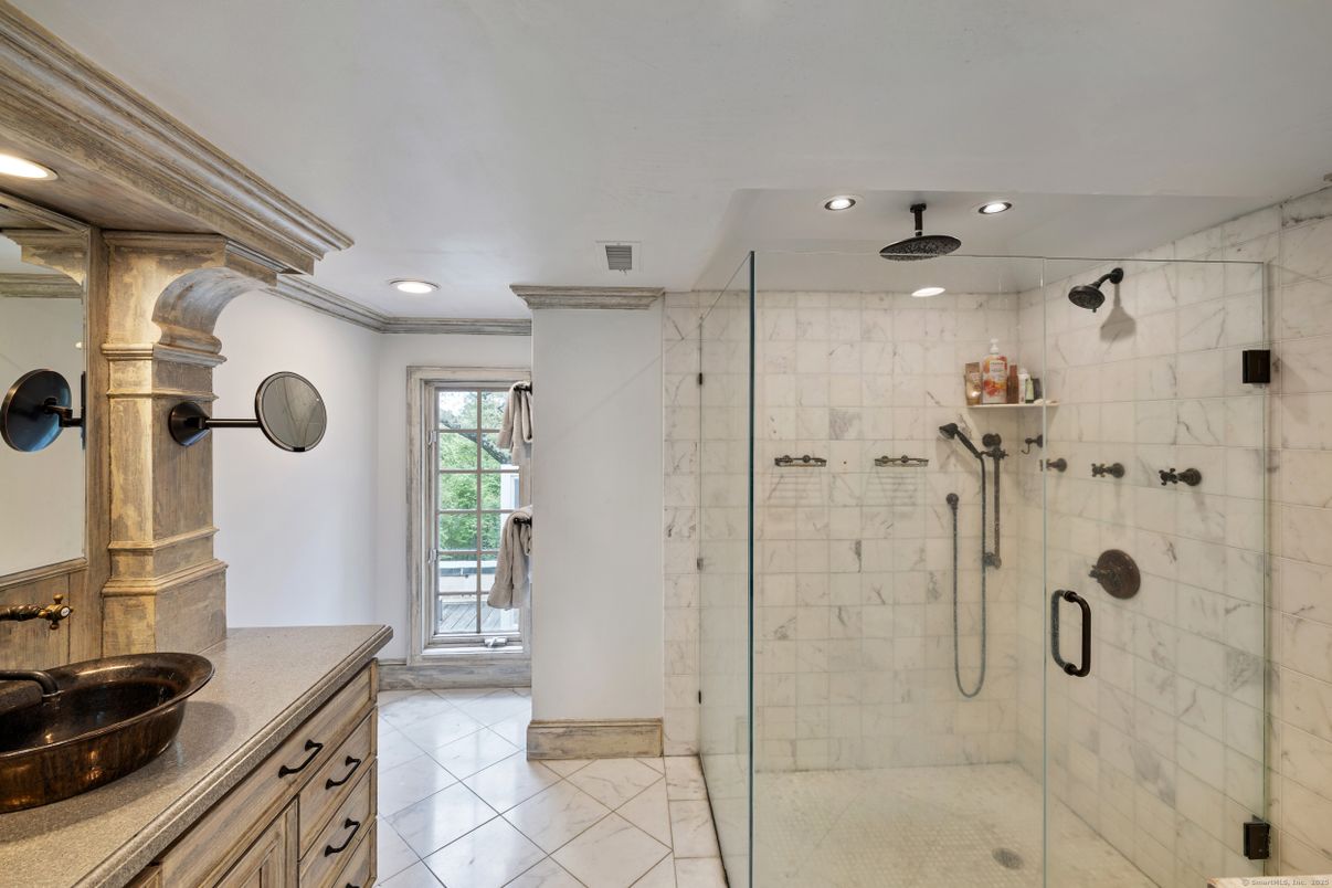 Bathroom, Glass Shower, Interior, Marble Walls, Recessed Lighting