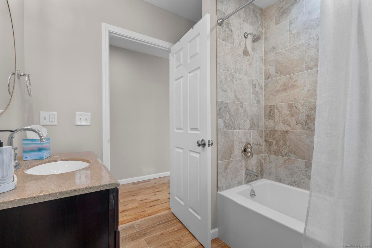 Bathroom, Interior, Stone Walls, Wood Texture Flooring