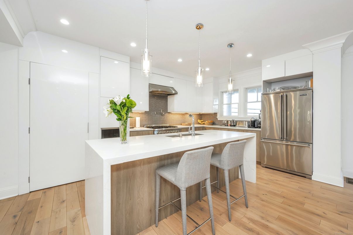 Interior, Kitchen, Pendant Lights, Recessed Lighting, Stainless Steel Appliances, Wood Texture Flooring