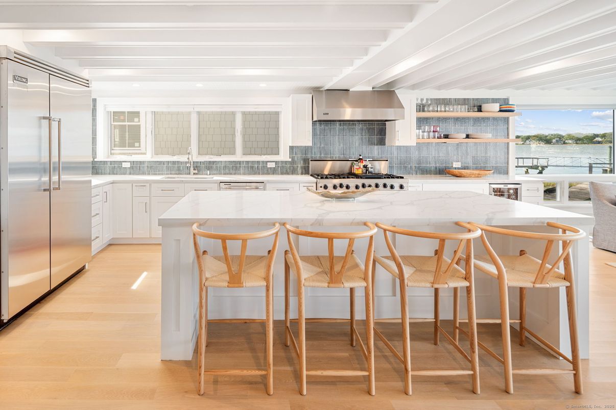Interior, Kitchen, Recessed Lighting, Stainless Steel Appliances, Water, Wood Texture Flooring