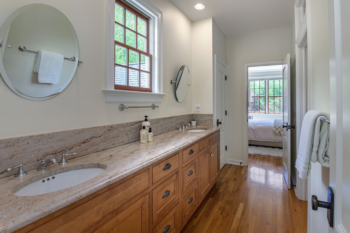 Bathroom, Bedroom, Dual Sink Vanities, Interior, Recessed Lighting, Wood Texture Flooring