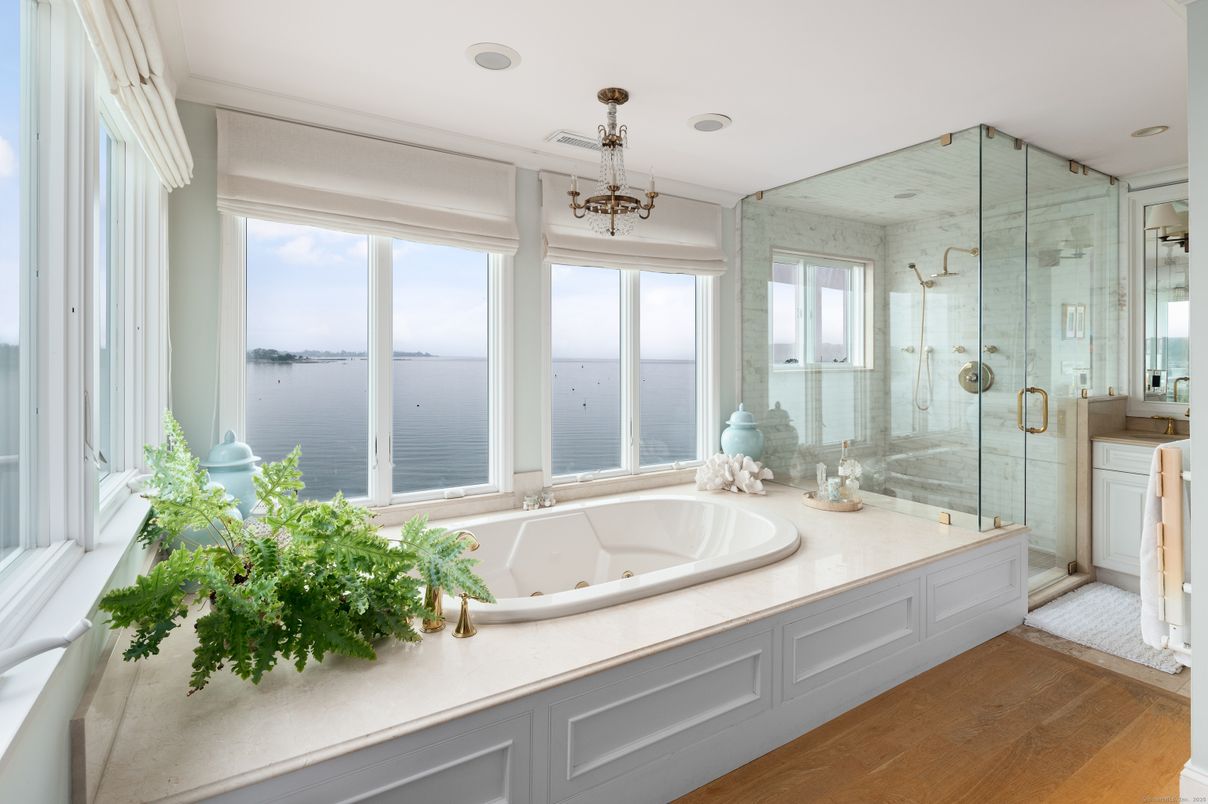 Bathroom, Glass Shower, Interior, Recessed Lighting, Water, Wood Texture Flooring