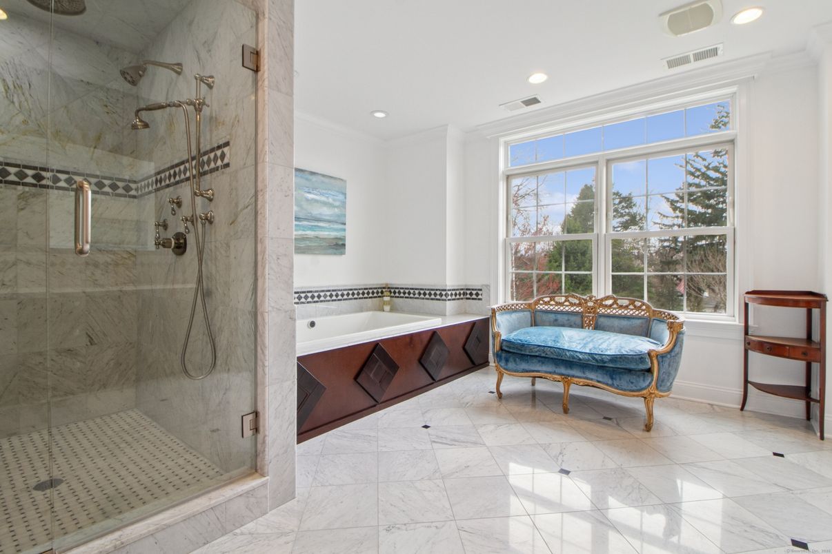 Bathroom, Glass Shower, Interior, Marble, Recessed Lighting
