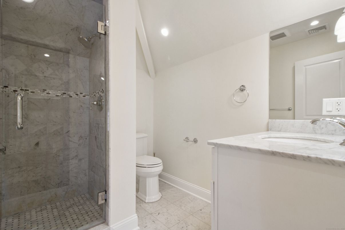 Bathroom, Glass Shower, Interior, Marble, Marble Walls, Recessed Lighting