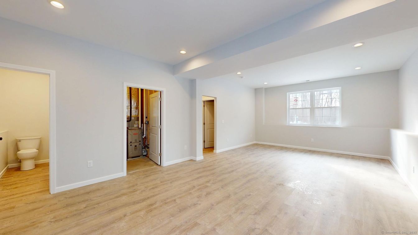 Bathroom, Empty room, Interior, Recessed Lighting, Wood Texture Flooring