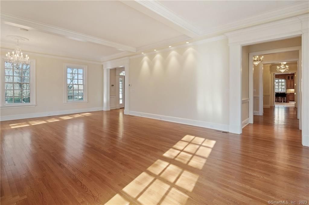 Chandelier, Empty room, Interior, Recessed Lighting, Wood Texture Flooring