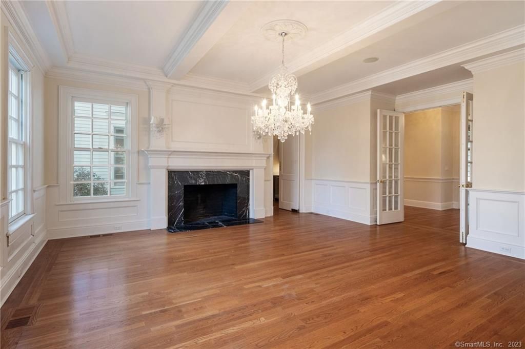 Chandelier, Empty room, Fireplace, Interior, Wood Texture Flooring