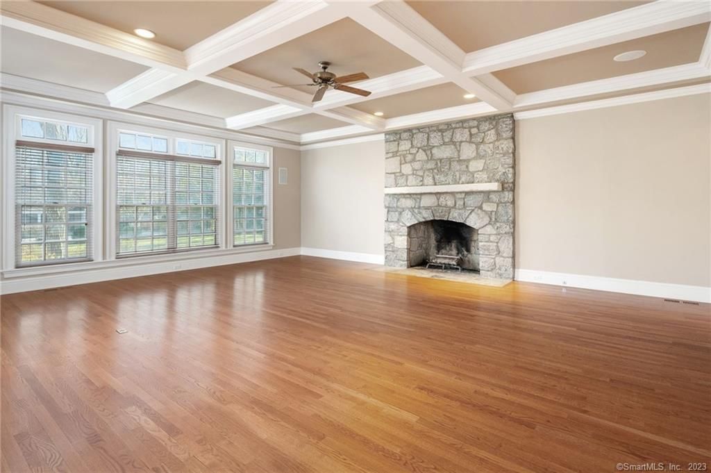 Empty room, Fireplace, Interior, Recessed Lighting, Wood Texture Flooring