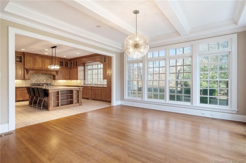 Empty room, Interior, Kitchen, Pendant Lights, Recessed Lighting, Wood Texture Flooring