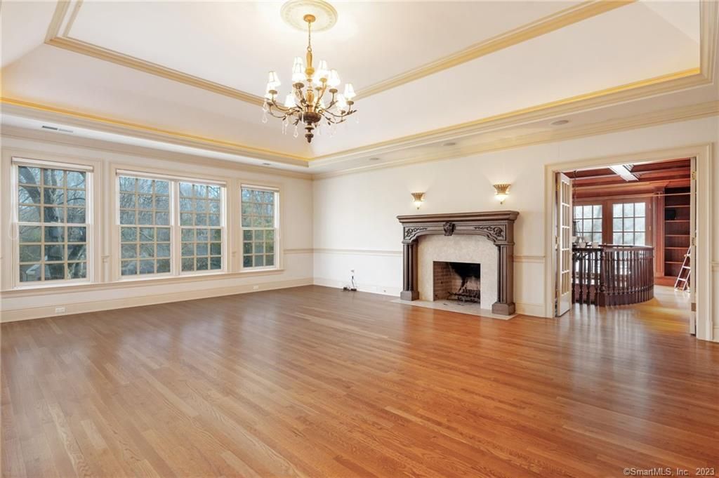 Chandelier, Empty room, Fireplace, Interior, Wood Texture Flooring