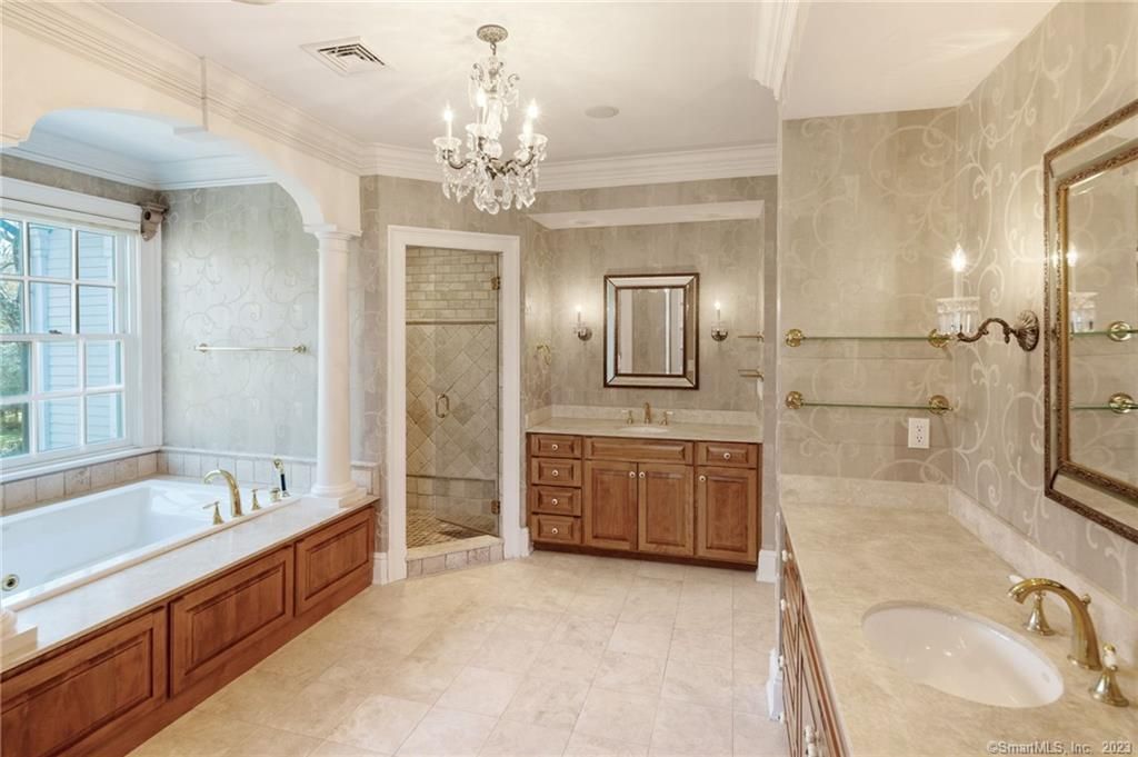 Bathroom, Chandelier, Dual Sink Vanities, Glass Shower, Interior