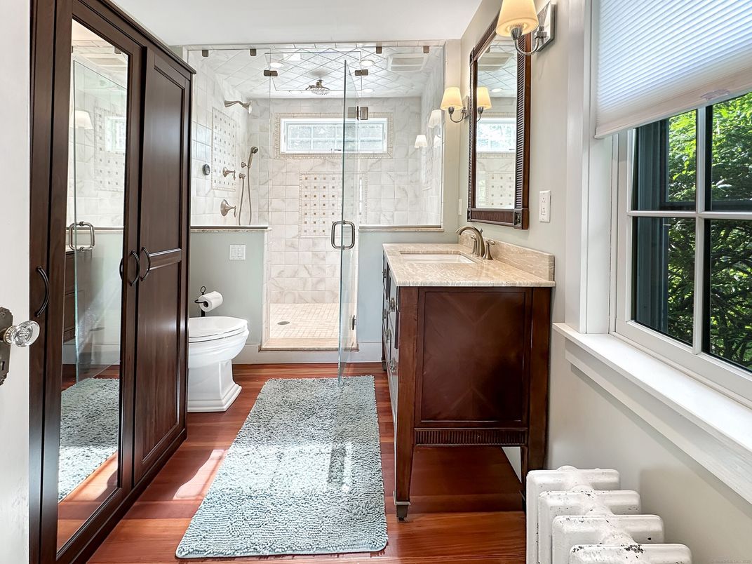 Bathroom, Glass Shower, Interior, Wood Texture Flooring