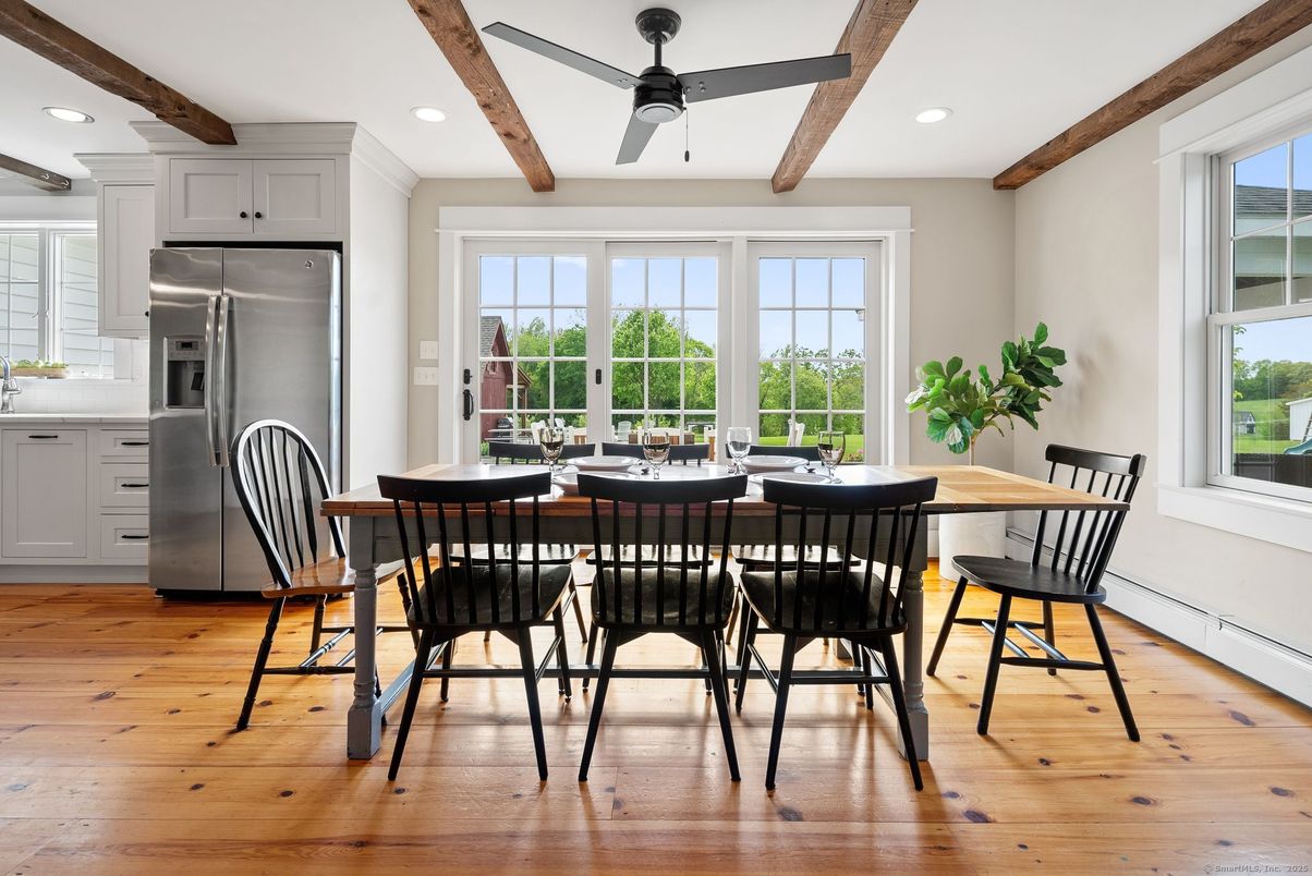 Dining room, Interior, Kitchen, Recessed Lighting, Stainless Steel Appliances, Wooden Beams, Wood Texture Flooring