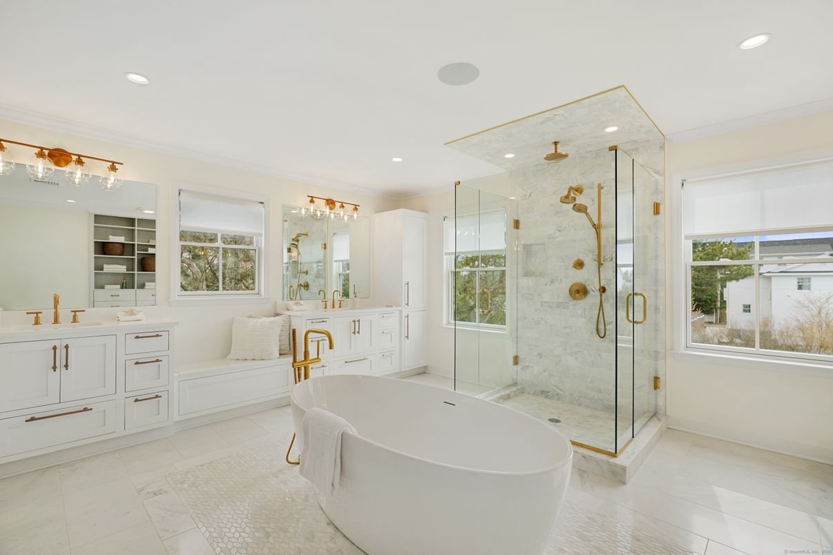 Bathroom, Dual Sink Vanities, Free Standing Baths, Glass Shower, Interior, Marble, Marble Walls, Recessed Lighting