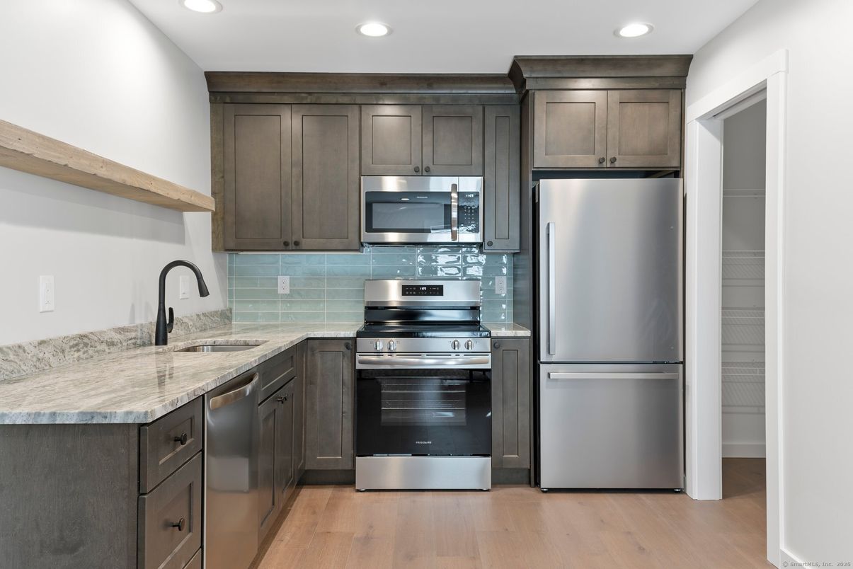 Interior, Kitchen, Recessed Lighting, Stainless Steel Appliances, Wood Texture Flooring