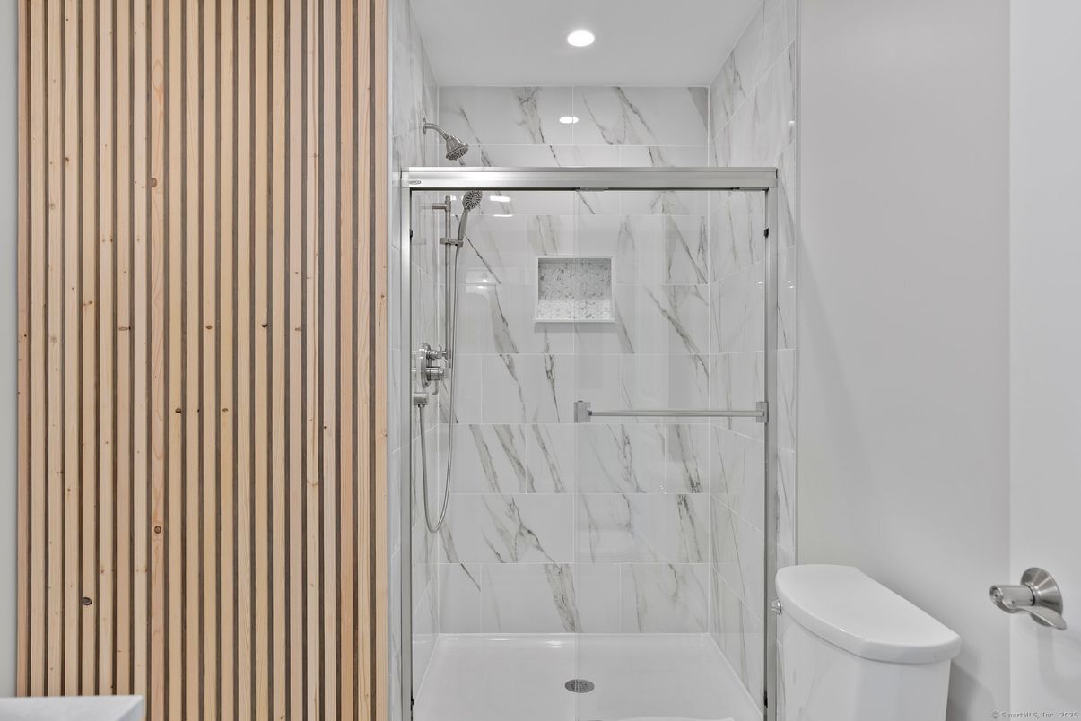 Bathroom, Glass Shower, Interior, Marble Walls, Recessed Lighting