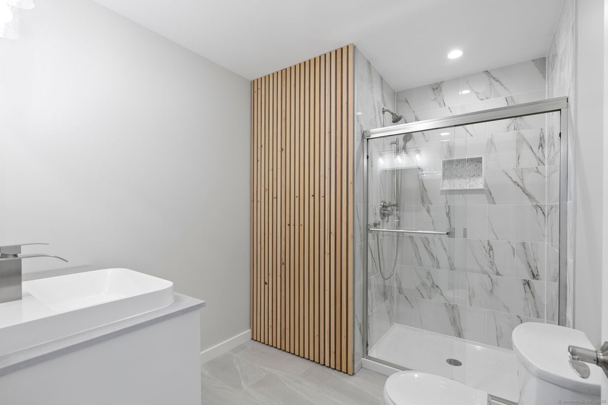 Bathroom, Glass Shower, Interior, Marble Walls, Recessed Lighting