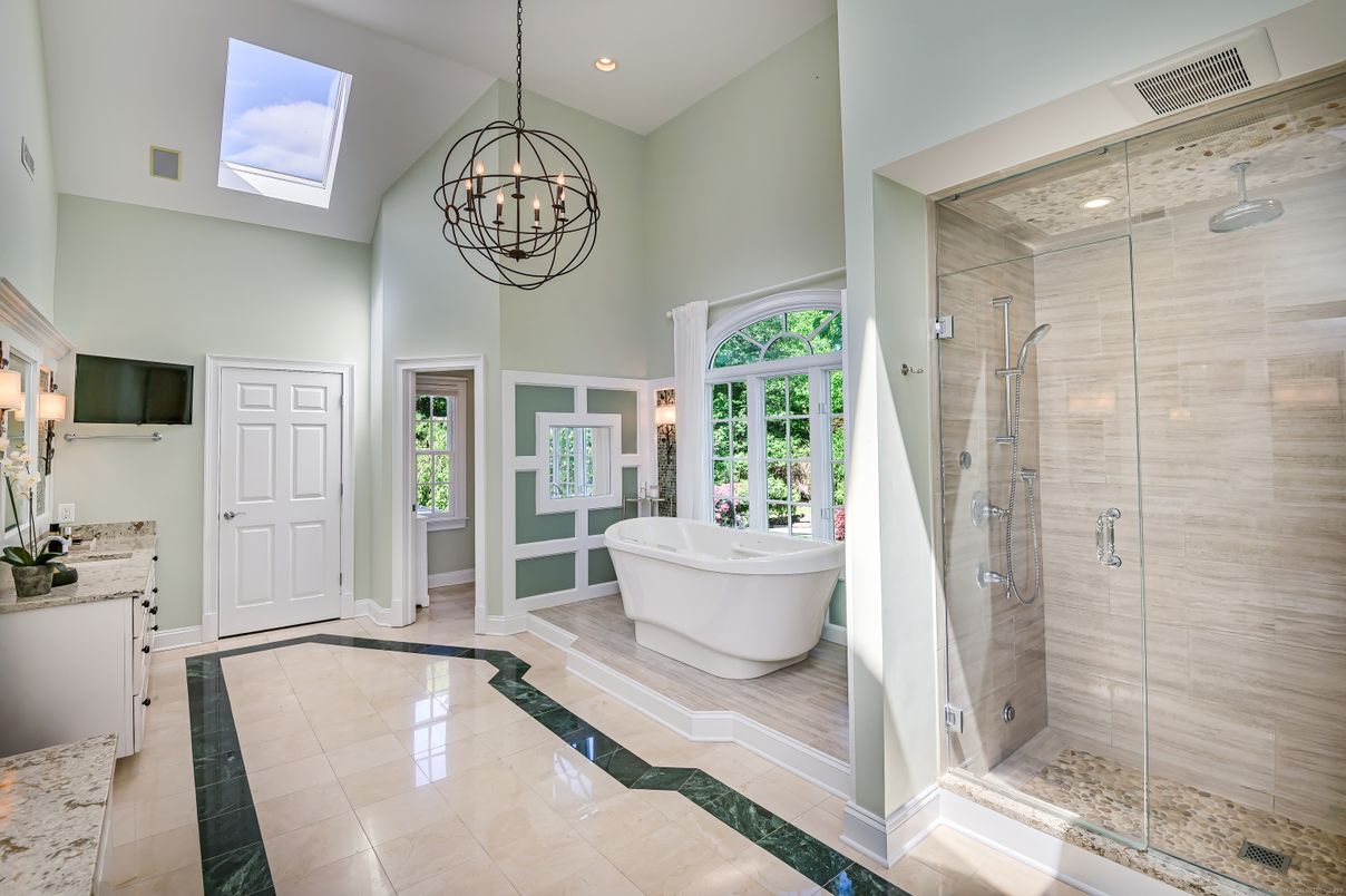 Bathroom, Chandelier, Free Standing Baths, Glass Shower, Interior, Recessed Lighting