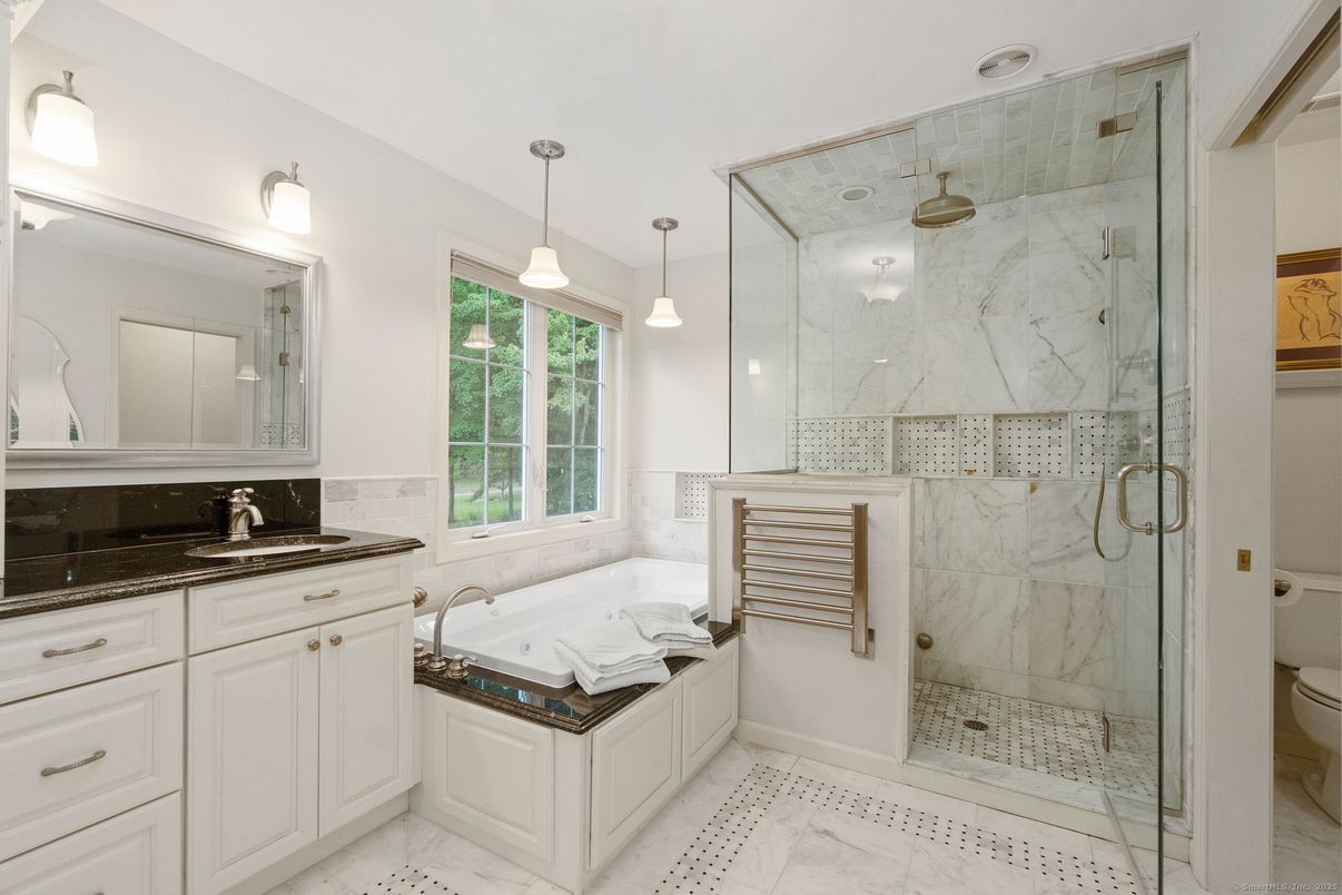 Bathroom, Glass Shower, Interior, Marble, Marble Walls, Pendant Lights