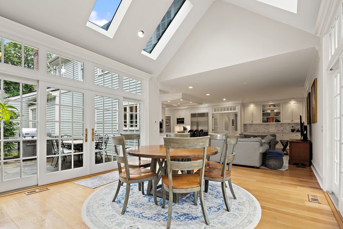 Dining room, Glass Ceilings, Interior, Living room, Recessed Lighting, Wood Texture Flooring