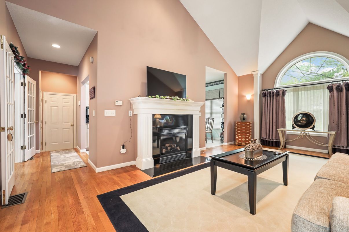 Fireplace, Interior, Recessed Lighting, Wood Texture Flooring