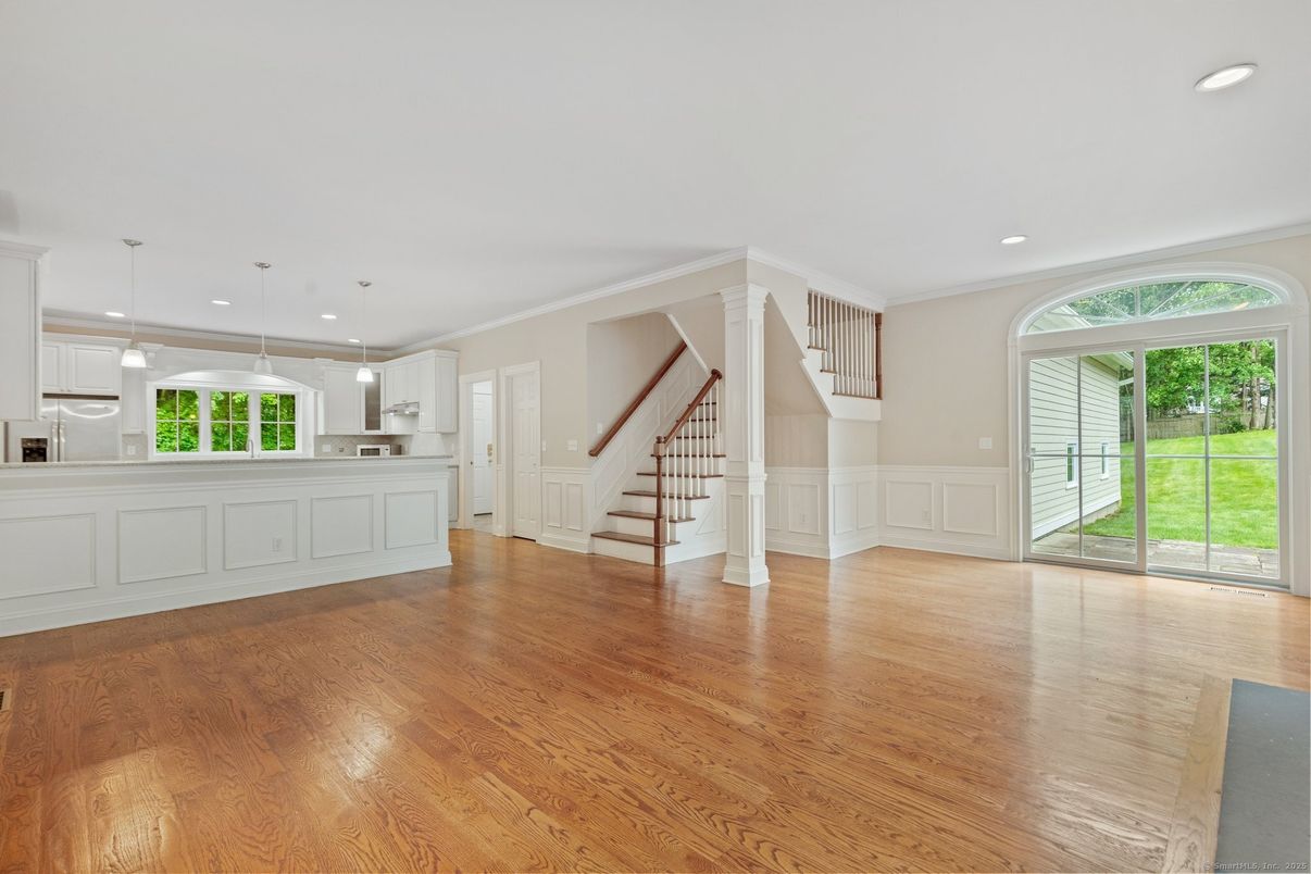 Empty room, Interior, Kitchen, Pendant Lights, Recessed Lighting, Wood Texture Flooring