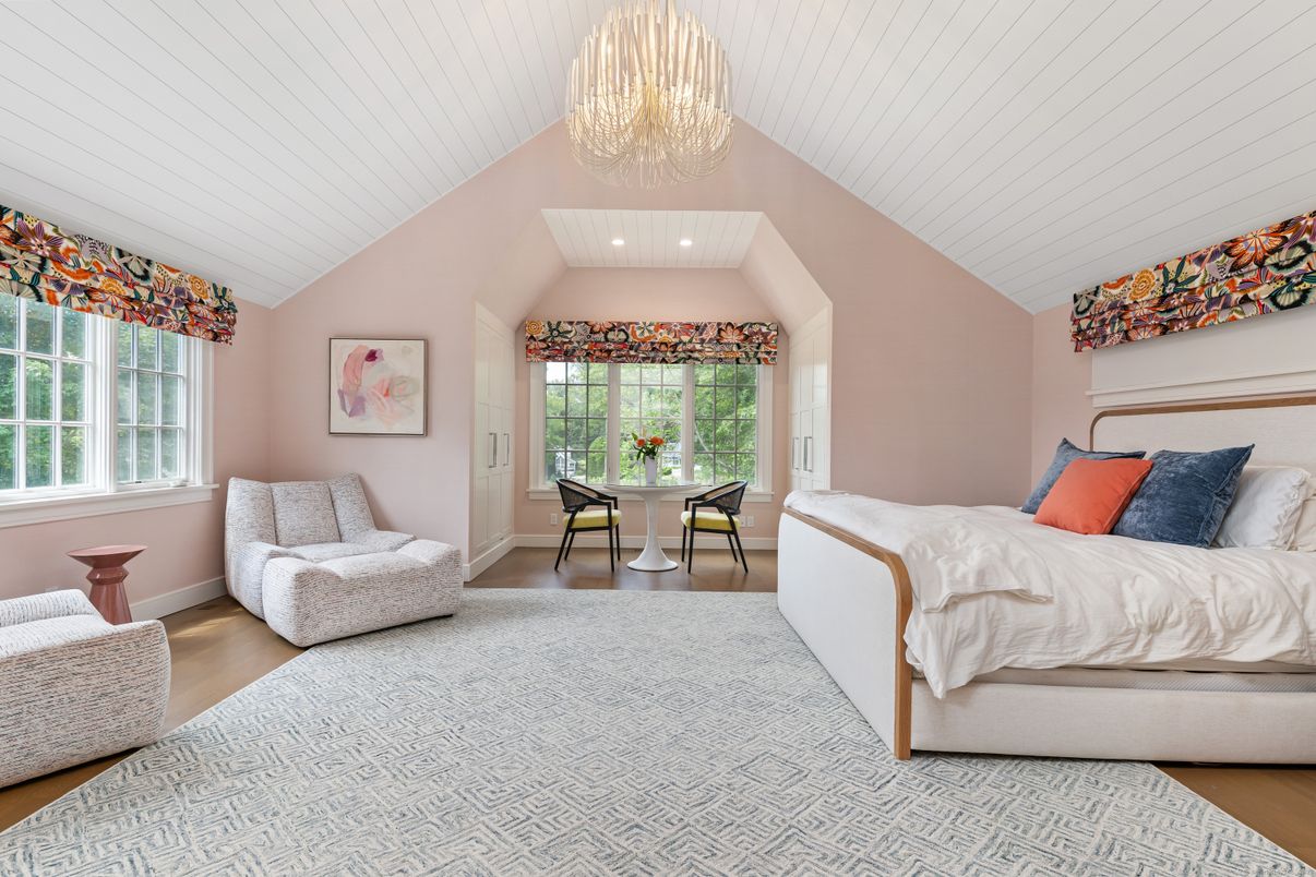 Bedroom, Chandelier, Interior, Recessed Lighting, Wood Texture Flooring