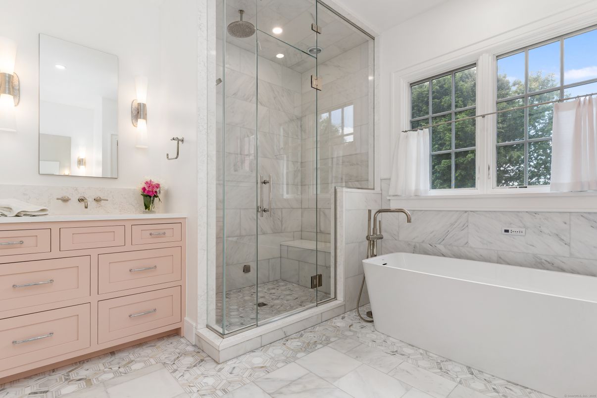Bathroom, Free Standing Baths, Glass Shower, Interior, Marble, Marble Walls, Recessed Lighting
