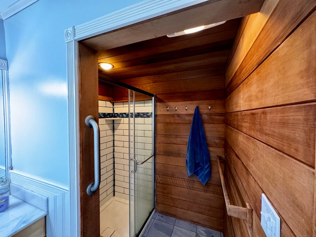 Bathroom, Glass Shower, Interior, Recessed Lighting, Wooden Ceilings, Wooden Walls