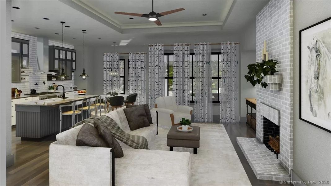 Dining room, Fireplace, Interior, Kitchen, Living room, Pendant Lights, Recessed Lighting, Stone Walls, Wood Texture Flooring