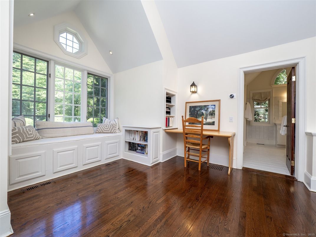 Fireplace, Home Office, Interior, Recessed Lighting, Wood Texture Flooring