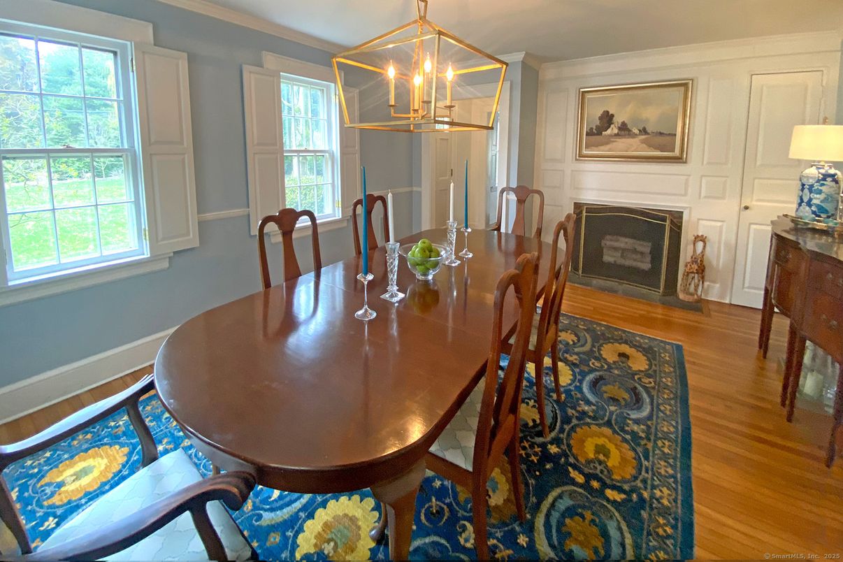 Dining room, Fireplace, Interior, Pendant Lights, Wood Texture Flooring