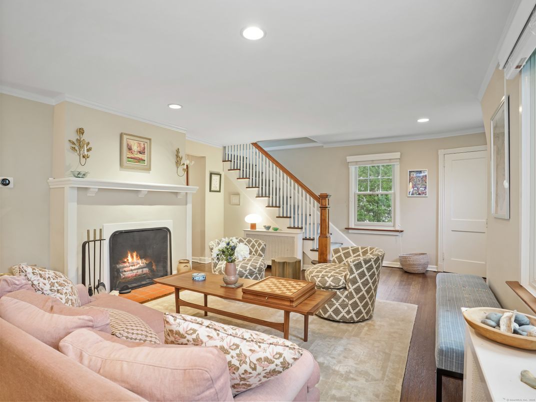 Fireplace, Interior, Living room, Recessed Lighting, Wood Texture Flooring
