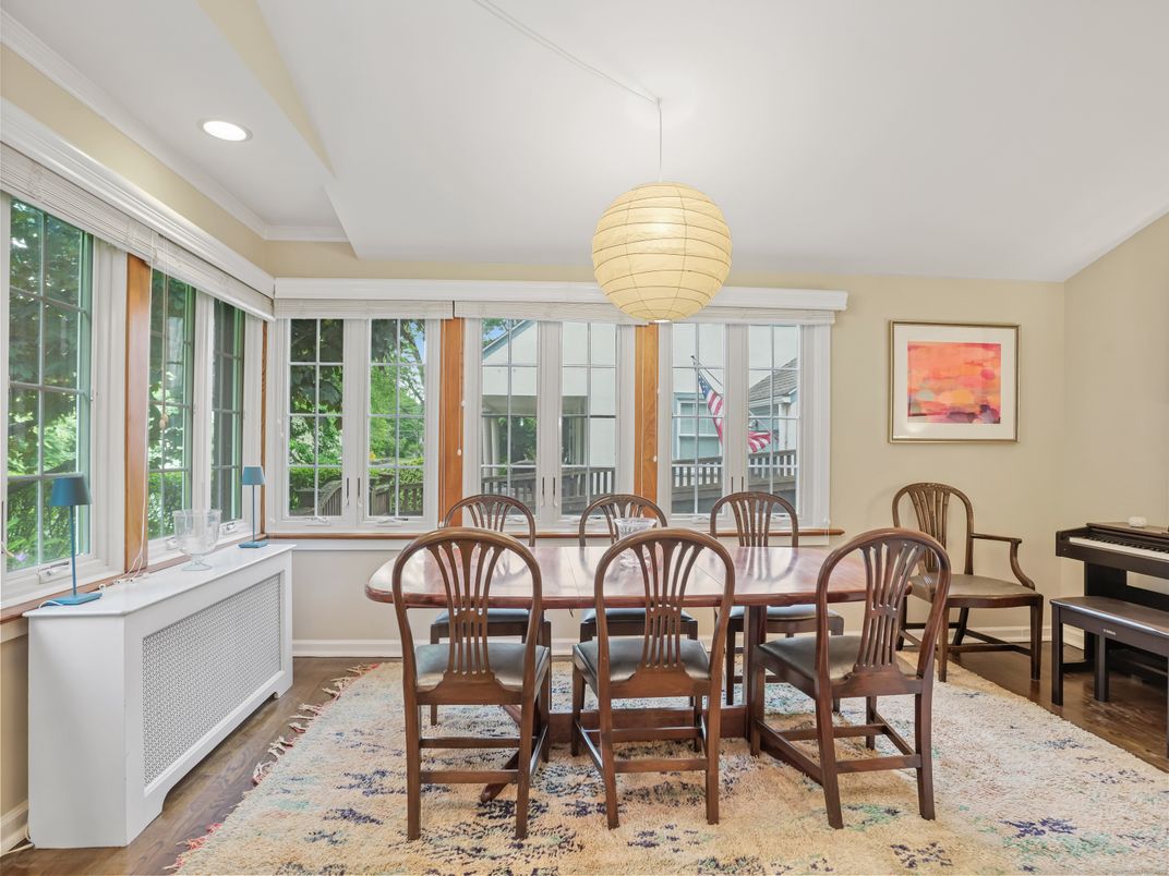 Dining room, Interior, Pendant Lights, Recessed Lighting, Wood Texture Flooring