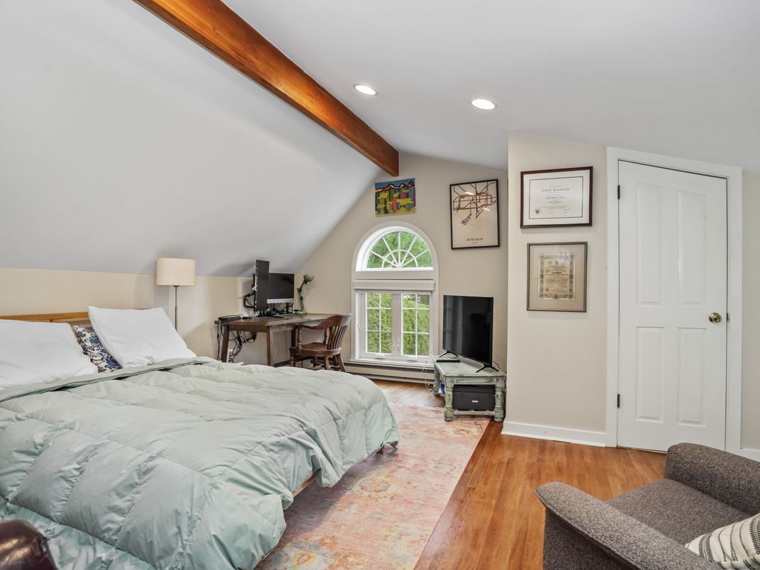 Bedroom, Home Office, Interior, Recessed Lighting, Wooden Beams, Wood Texture Flooring