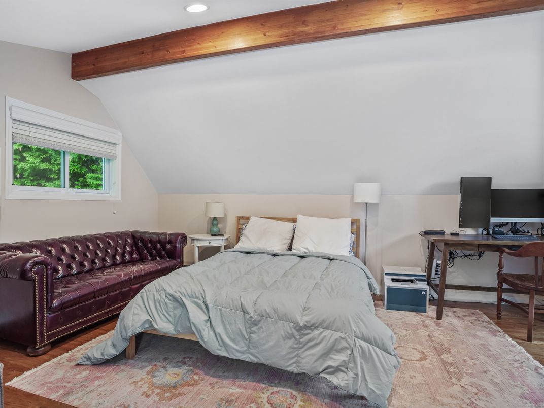 Bedroom, Home Office, Interior, Recessed Lighting, Wooden Beams, Wood Texture Flooring