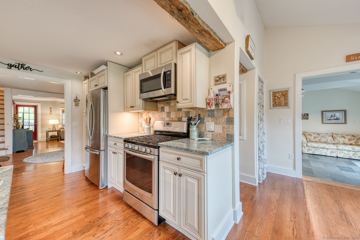 Interior, Kitchen, Recessed Lighting, Stainless Steel Appliances, Wooden Beams, Wood Texture Flooring