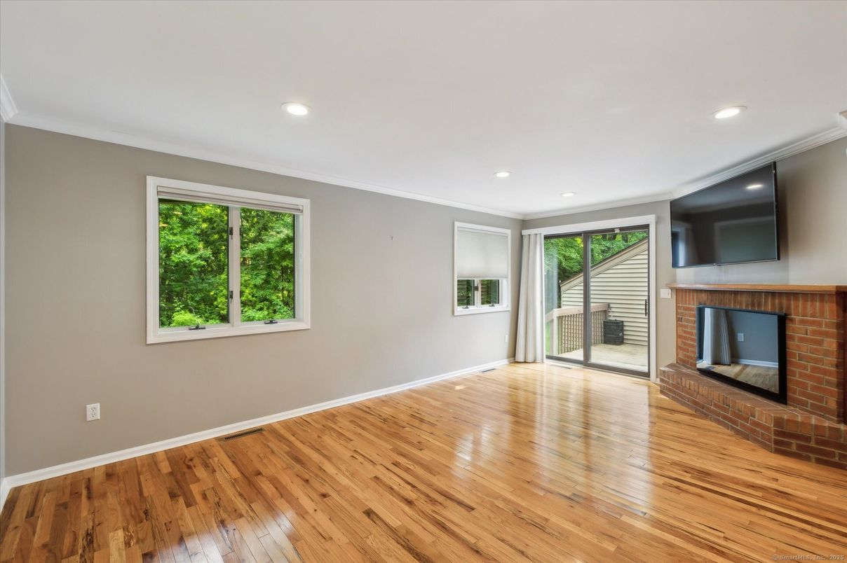 Empty room, Fireplace, Interior, Recessed Lighting, Wood Texture Flooring