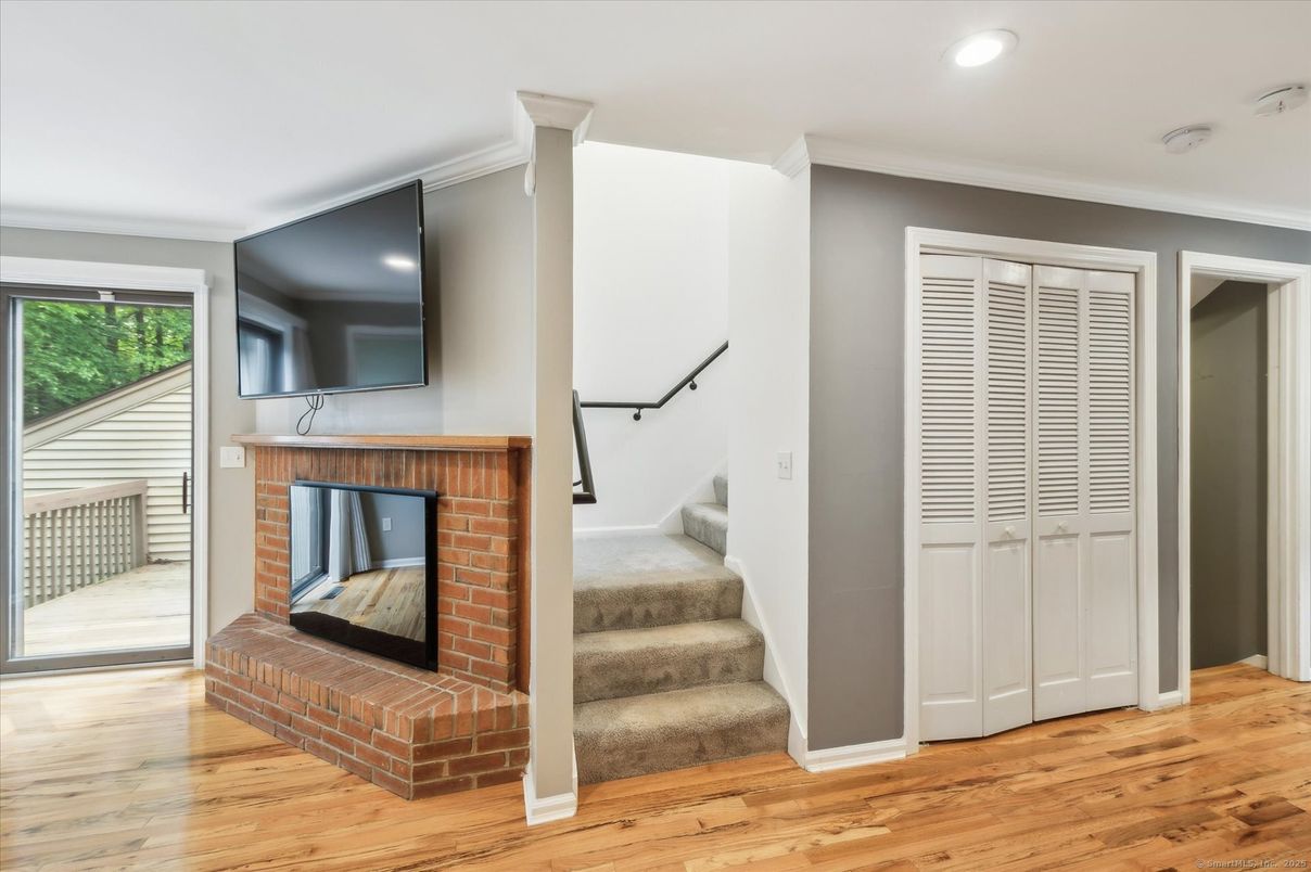 Fireplace, Interior, Recessed Lighting, Wood Texture Flooring