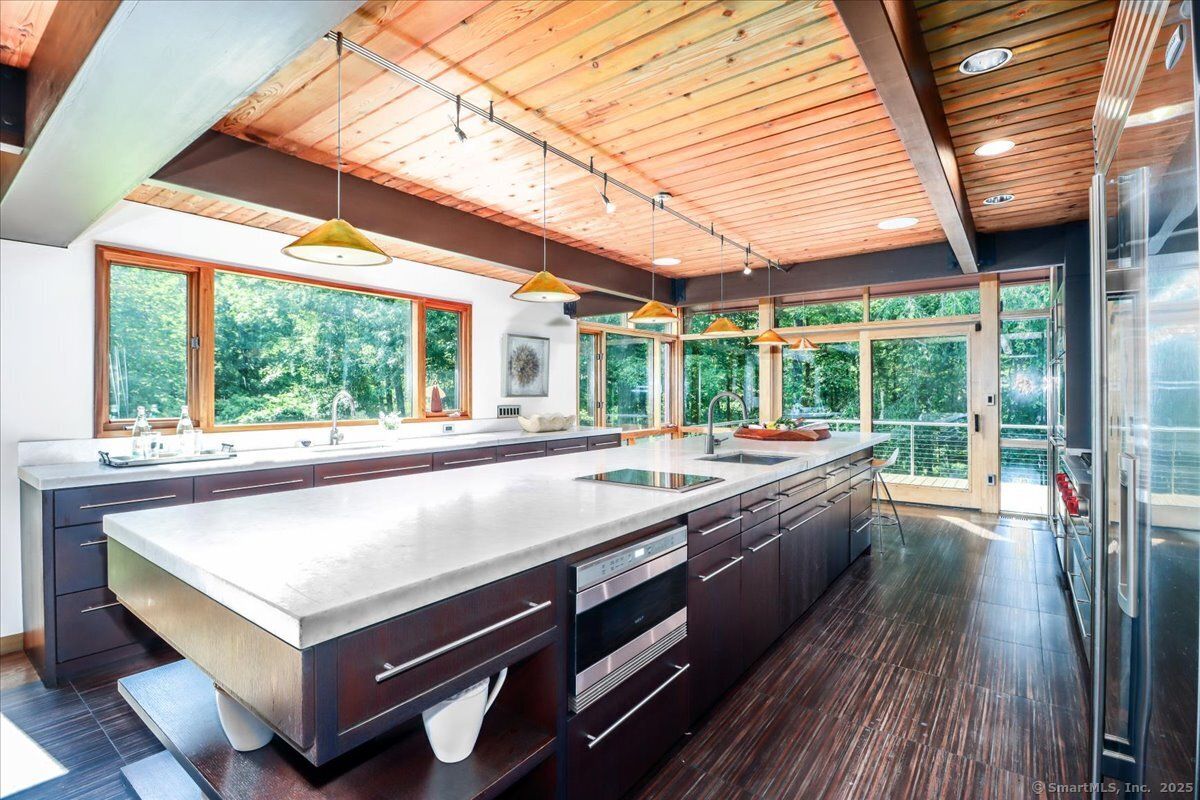 Interior, Kitchen, Pendant Lights, Recessed Lighting, Stainless Steel Appliances, Wooden Ceilings, Wood Texture Flooring