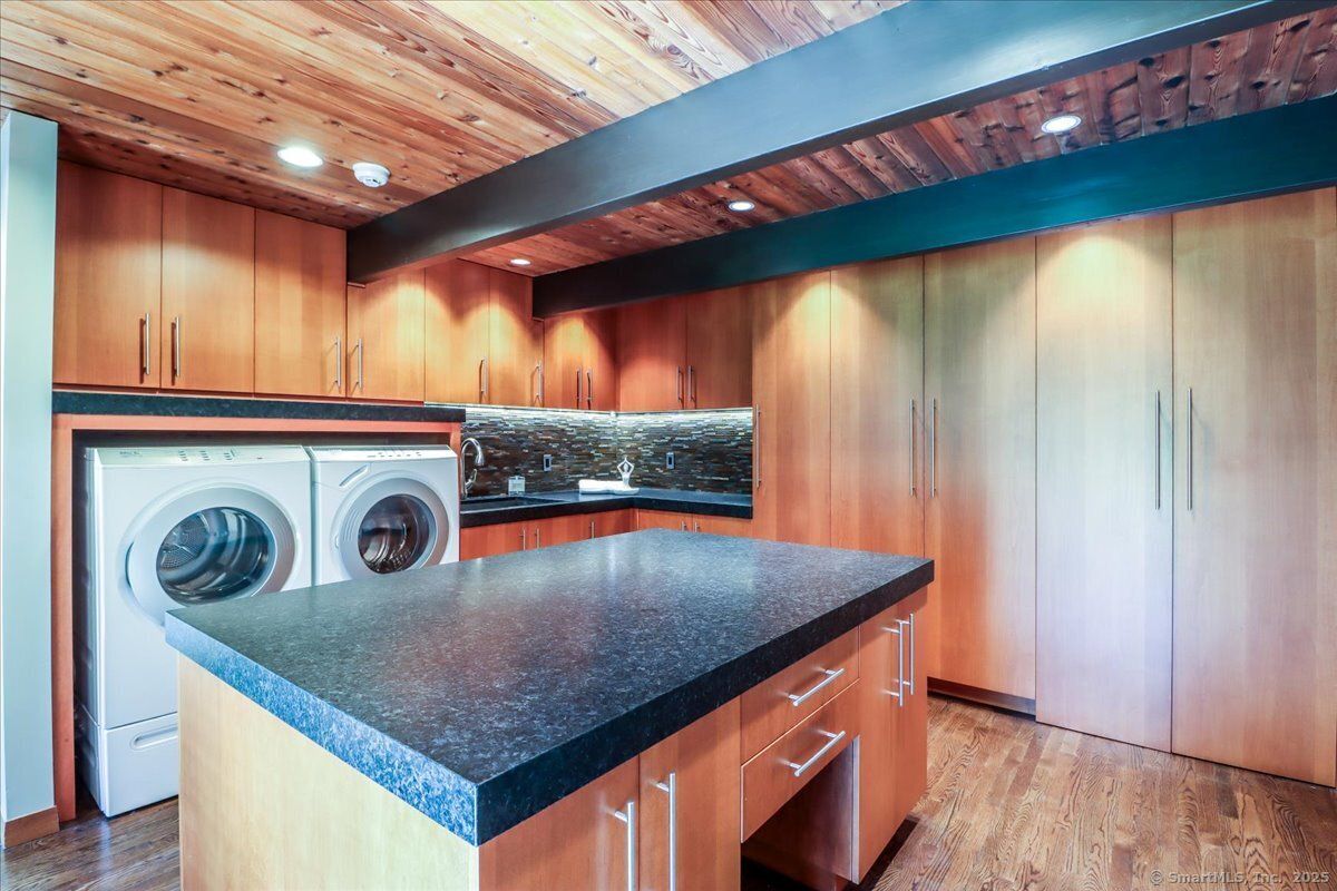 Interior, Kitchen, Recessed Lighting, Washer, Wooden Ceilings, Wood Texture Flooring