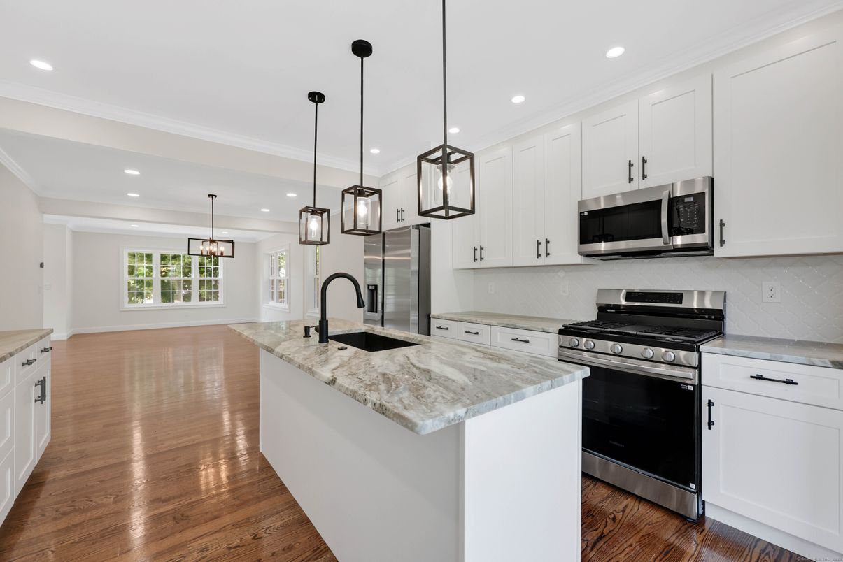Interior, Kitchen, Pendant Lights, Recessed Lighting, Stainless Steel Appliances, Wood Texture Flooring