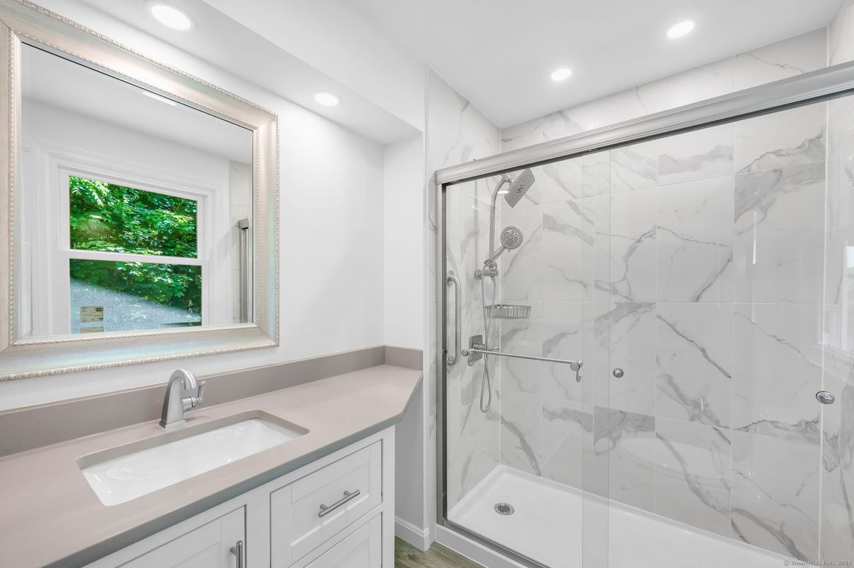 Bathroom, Glass Shower, Interior, Marble Walls, Recessed Lighting